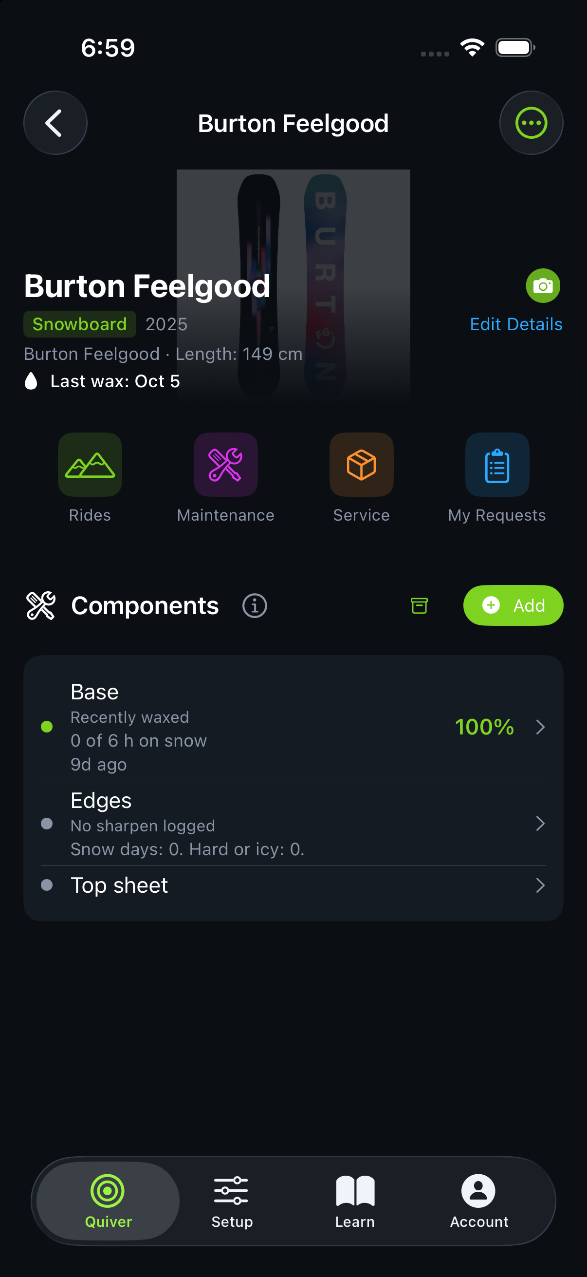 Native iOS snowboard record with its photo and care details