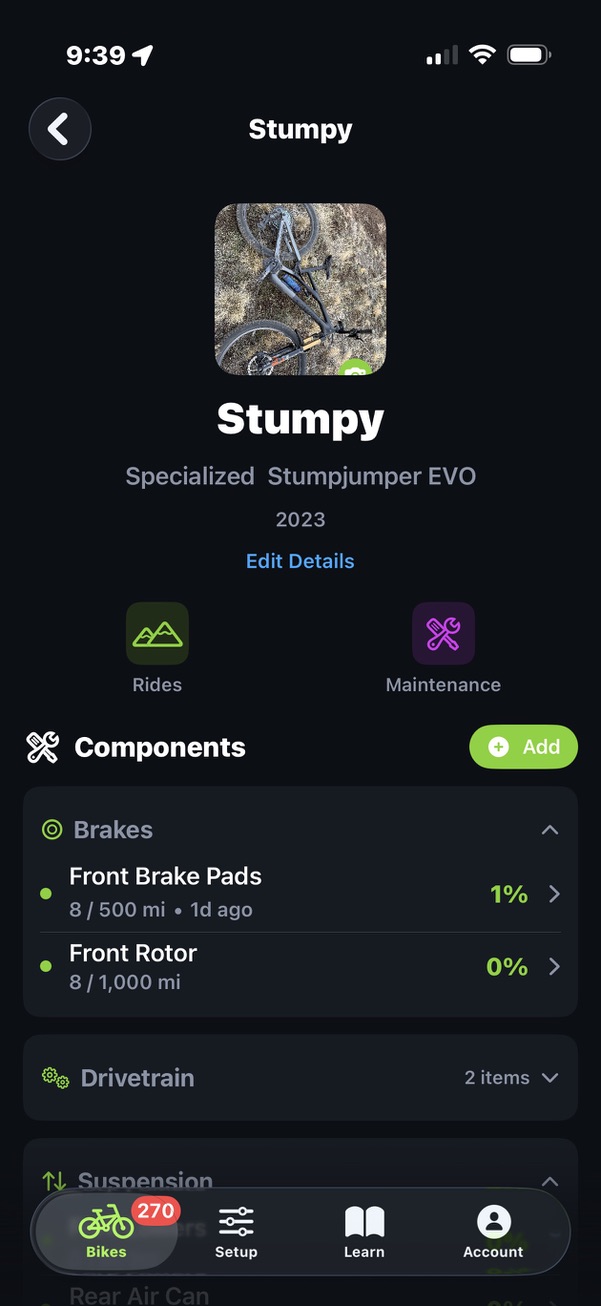 Trail Hits bike detail view showing components, health scores, and service intervals