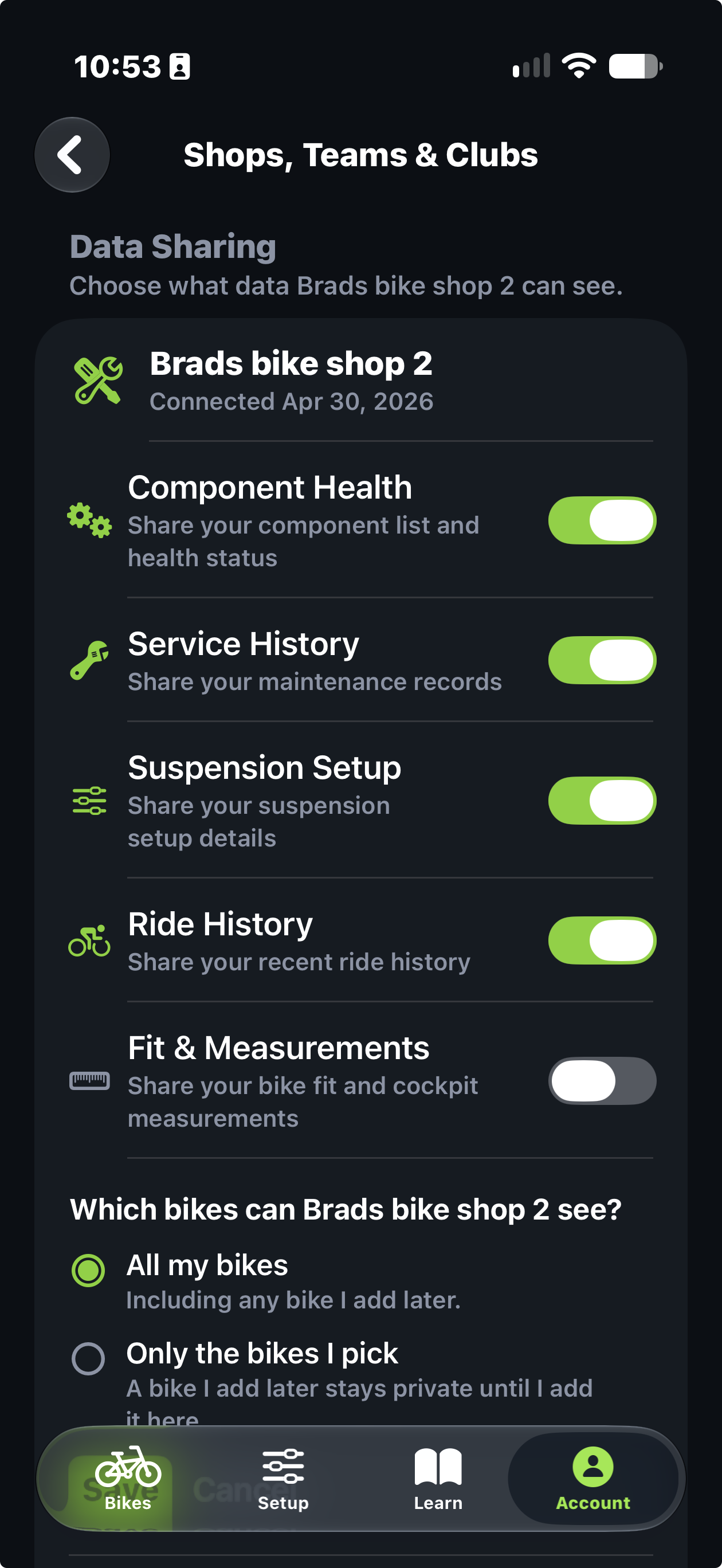 Trail Hits® app on iPhone showing shop data-sharing controls and choices to share all bikes or only selected bikes