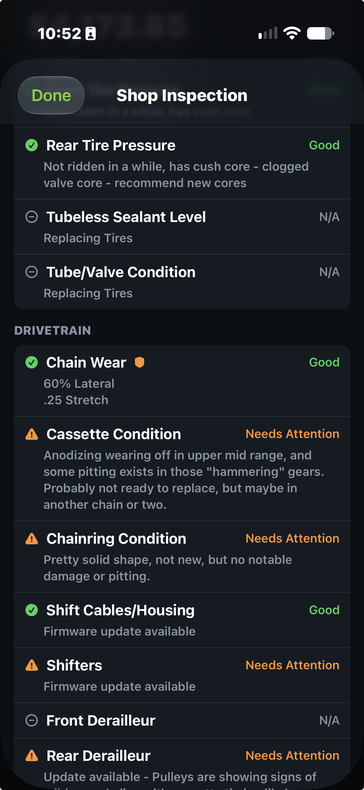 Shop inspection in the Trail Hits® iPhone app showing drivetrain condition, items needing attention, and detailed mechanic notes