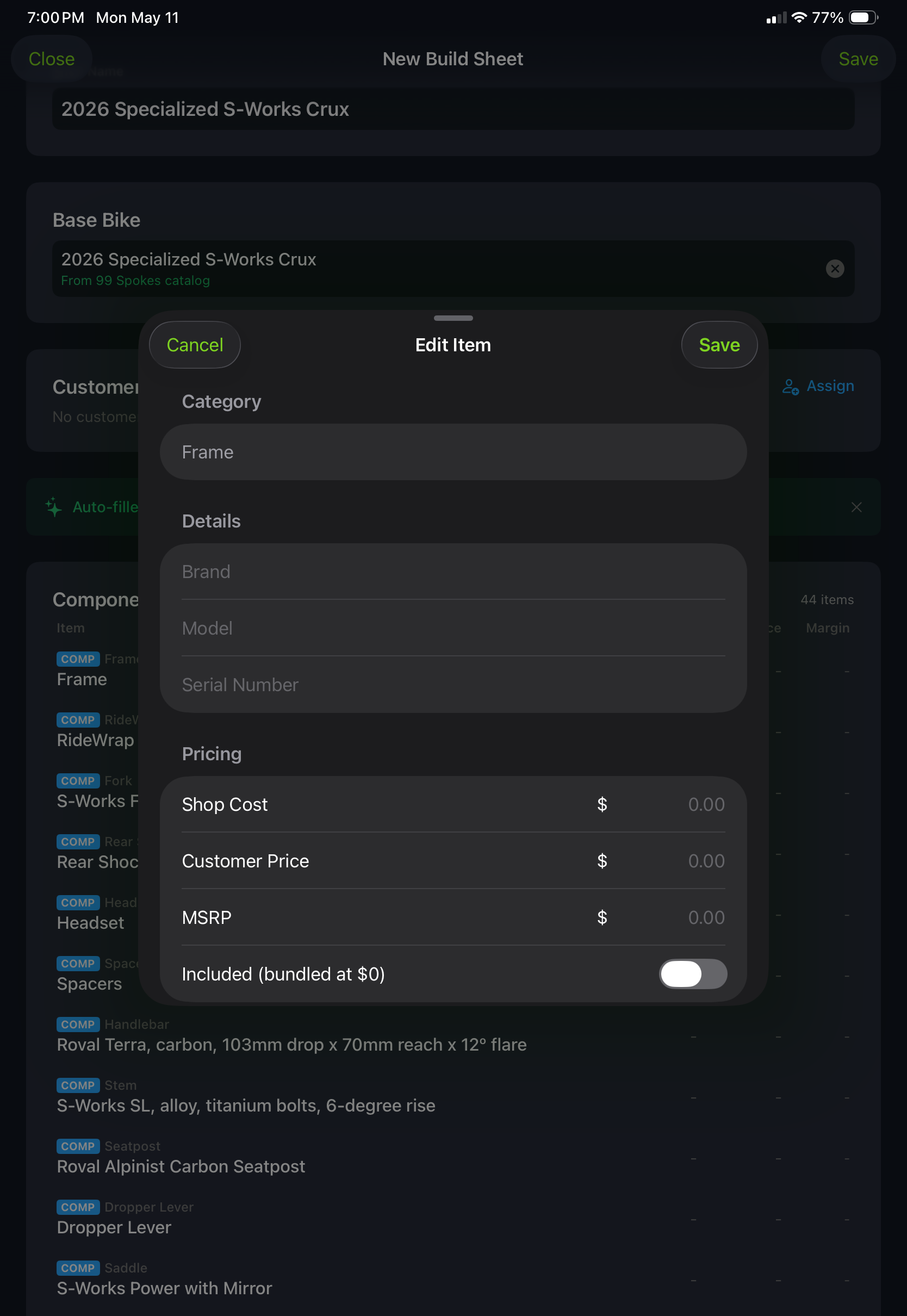 Edit build line item with category, brand, model, serial number, shop cost, customer price, and bundled-pricing toggle