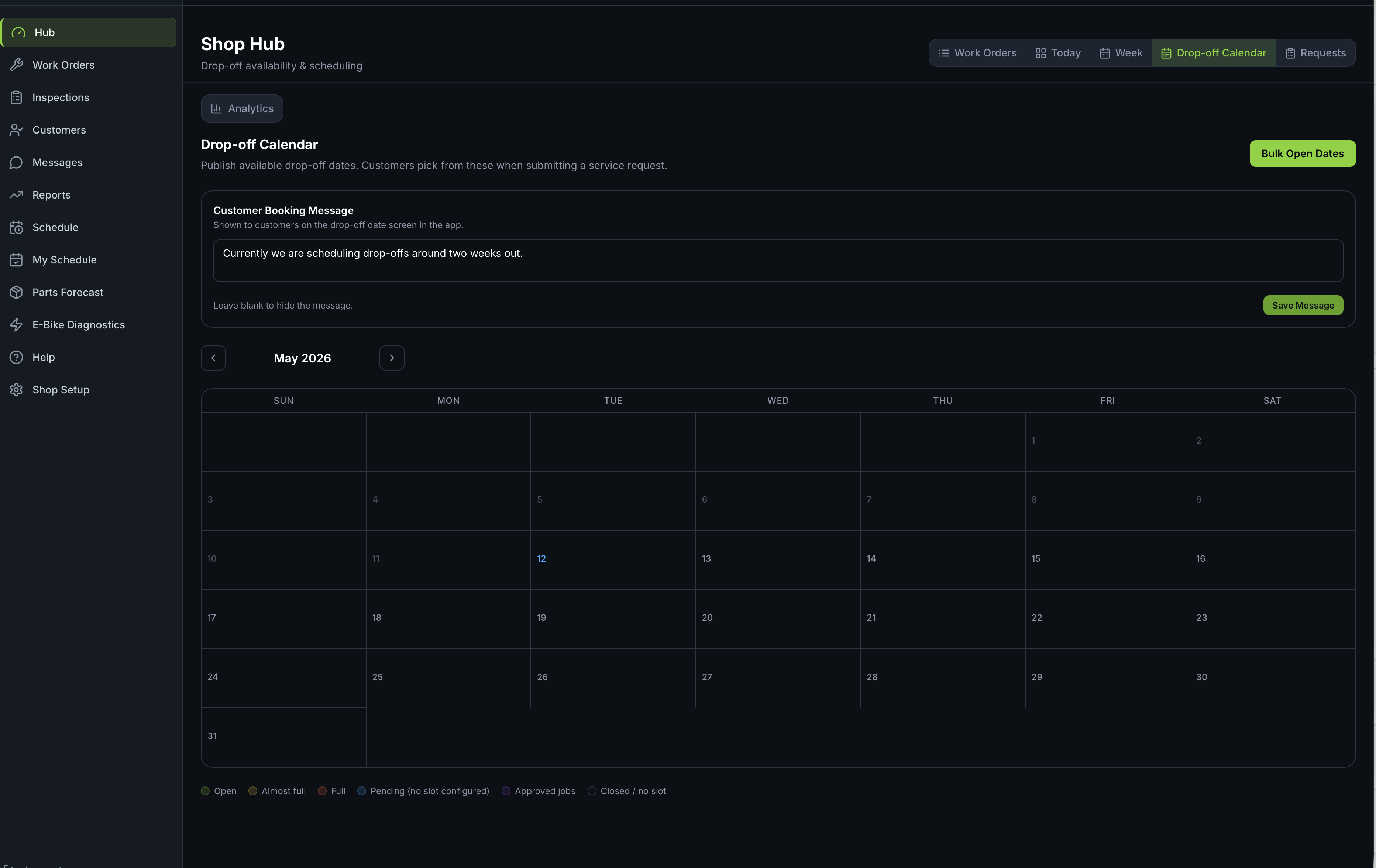 Trail Hits Hub shop view of the drop-off calendar with customer-facing scheduling message and bookable May 2026 calendar slots (Open / Almost full / Full / Pending / Approved jobs / Closed)