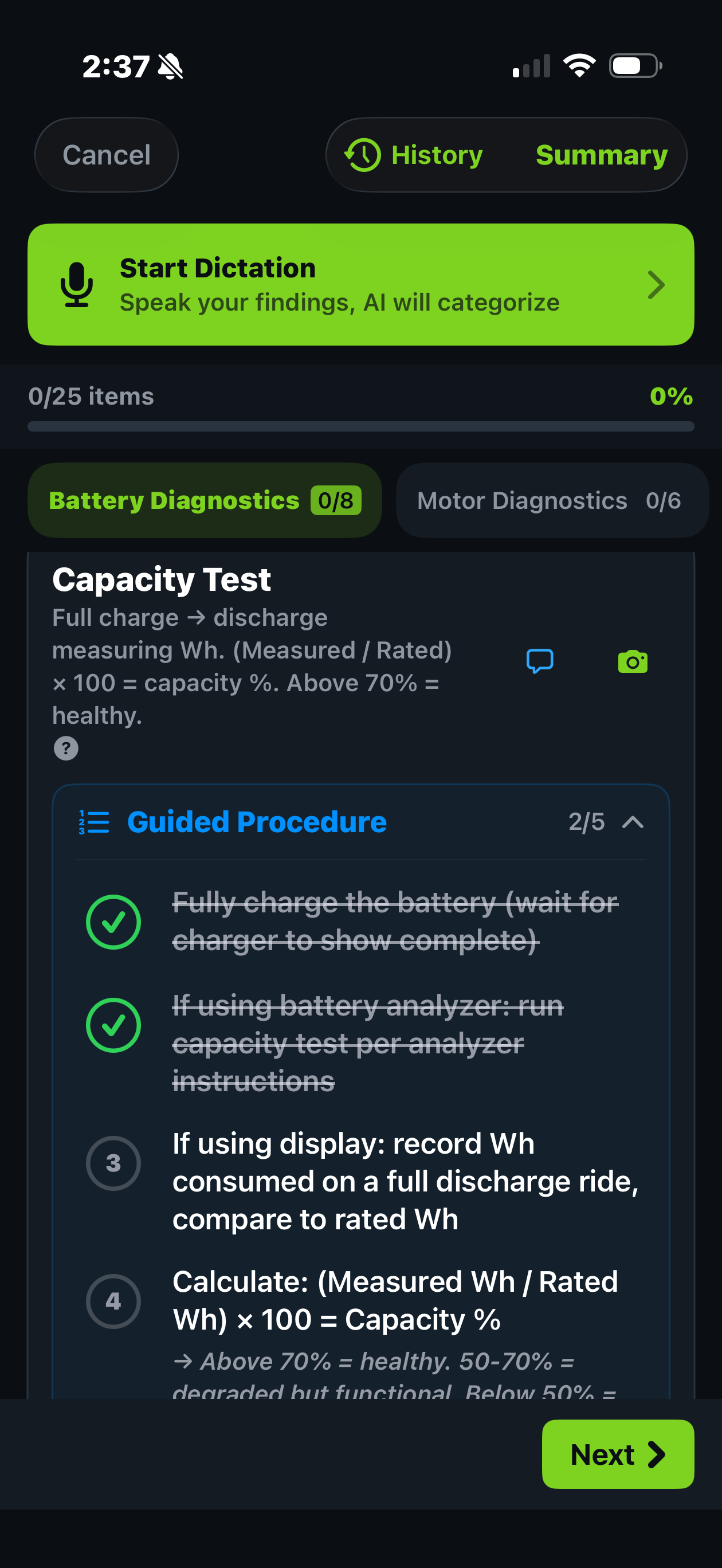 Trail Hits™ Hub e-bike battery capacity test on iPhone: guided procedure for measuring battery health