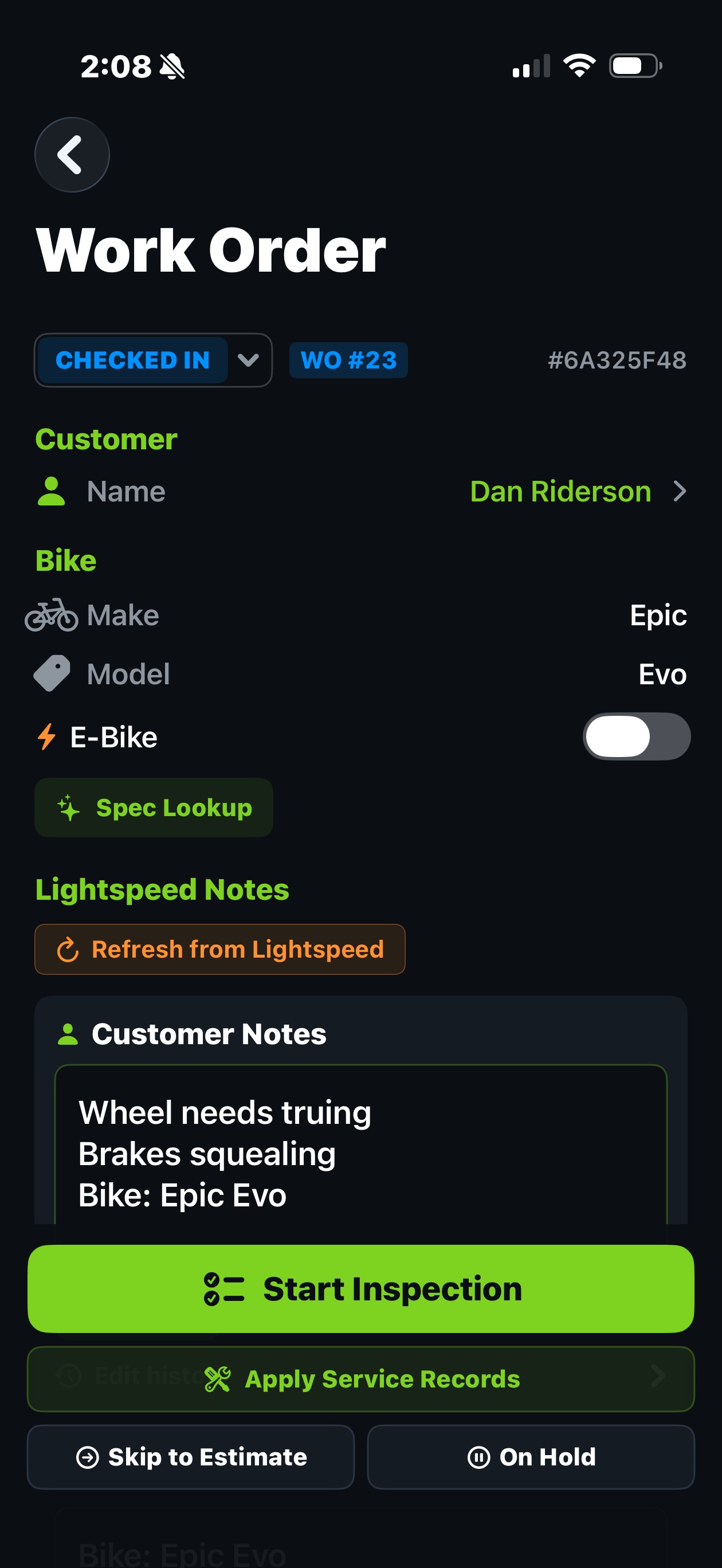 Trail Hits™ Hub work order on iPhone showing Lightspeed Notes section and refresh-from-Lightspeed sync button