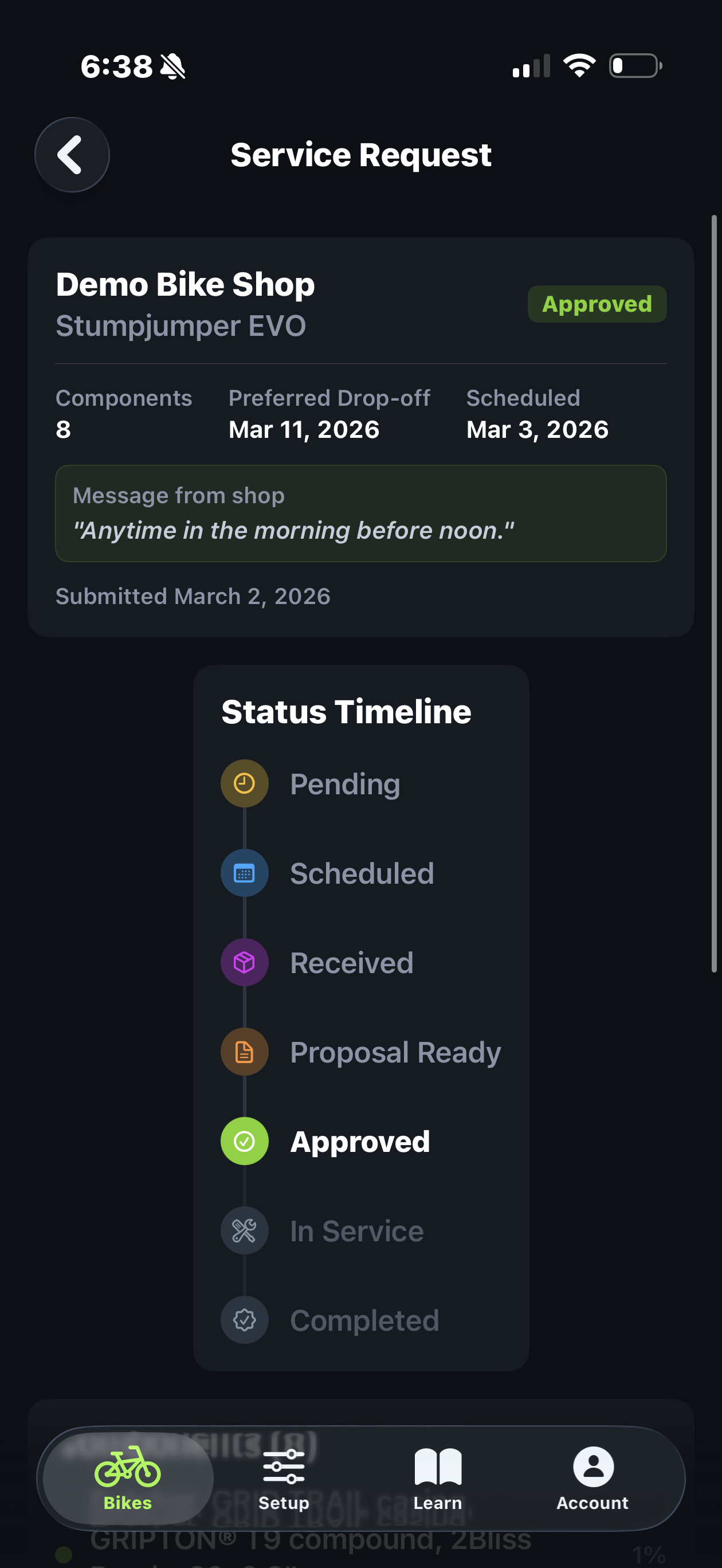 Trail Hits Service Request status on iPhone: Demo Bike Shop, Stumpjumper EVO, Approved status with timeline (Pending, Scheduled, Received, Proposal Ready, Approved, In Service, Completed) and message from shop 'Anytime in the morning before noon'