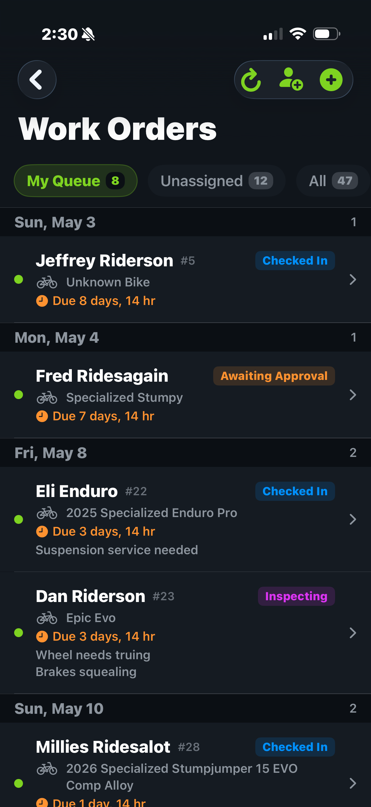 Trail Hits™ Hub work orders on iPhone: tech queue list with due dates and status chips